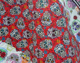 Sugar Skull Baby Quilt-Baby Shower Gift-Nursery-Red-Gray-Roses-Baby Bedding-Crib-Handmade-Homemade Modern Baby Blanket