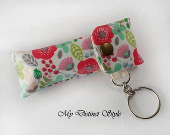 CHOOSE ONE - Laminated Cotton Fabric Lip Balm Holder with Keyring, Lip Balm Cozy, Chapstick Holder