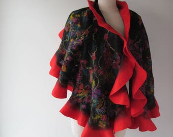 Black Felted scarf, Floral felt scarf, warm winter scarf, Wool Floral wool stole , Red flower, Folk women felt shawl by Galafilc