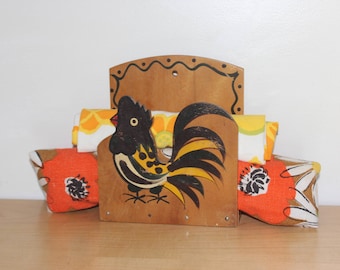 1950's Woodpecker Woodware Rooster Napkin/Letter/Towel Holder Hand Painted Black Yellow