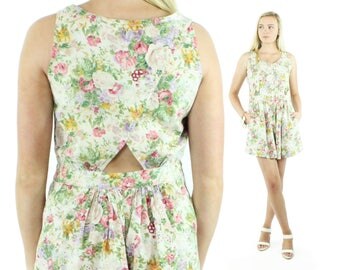 Vintage 80s Floral Romper White Cotton Shorts Keyhole Back Jumpsuit Jumper Sundress 1980s Medium M Rene Derhy Playsuit Sunsuit
