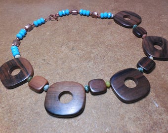 Geometric Wood and Turquoise Necklace with Copper