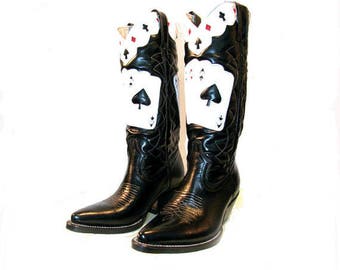 Viva Las Vegas Rockabilly Cowboy Boots Vintage Mens Rancho Loco Ace of Spades Leather Inlay Western Boots Mns US Sz 8 Will Fit Wmns US Sz 9