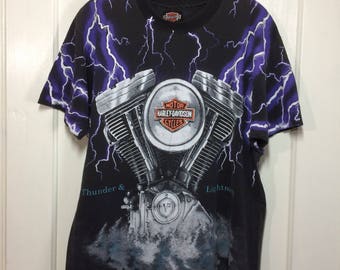 distressed 1990s Harley Davidson Motorcycle Engine faded black cotton T-shirt size Medium 21x27 Thunder Lightning all over print made in USA
