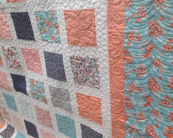 Simply SWEET MARION 54x60 quilt in navy, gray, peach and turquoise