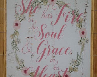 She Has Fire in Her Soul and Grace in Her Heart, Grace Mouse Pad, Inspirational Quote, Chippy White Wood, Christian, Next DAY Shipping