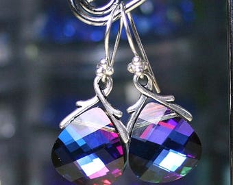 ON SALE Swarovski Briolette Crystal Earrings in Bermuda Blue - Blue Rainbow - Swarovski Crystal and Sterling Silver