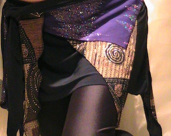 Asymetric Belly dance Hip scarf, apron , hip belt , hip skirt in black lycra with purple accents
