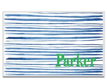 Personalized placemat Reversible hand drawn blue watercolor stripes custom name monogram