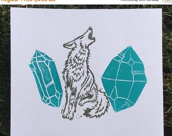 ON SALE: Crystal Coyote - Lino Block Print / Gem Art / Illustration #4