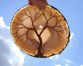 Copper Wire Tree Of Life Metal Wall Art Sculpture Garden Ornament On A Grey Agate Geode Stone Crystal Suncatcher