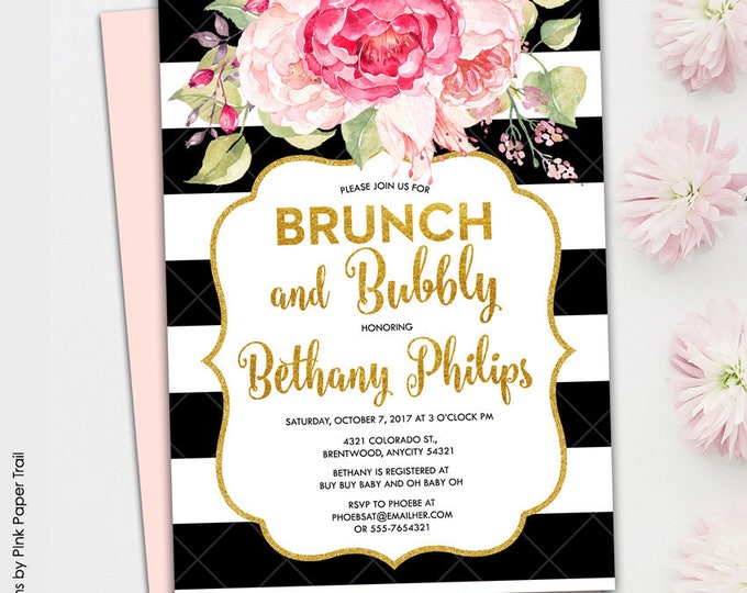 Pink Floral Glam, Black and White Stripes Gold Glitter and Floral Pink Printable Brunch and Bubbly Bridal Shower Printable Invitation