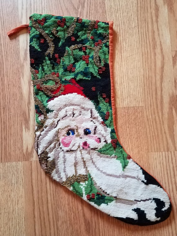 Peking Handicraft Lynn Haney Toting The Tree Santa Claus Needlepoint Christmas Stocking
