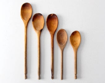 vintage wood spoon collection, wooden kitchen utensils