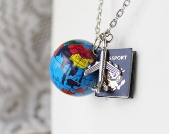 Globe Travel Necklace - World Map Necklace - Gift for Traveler - World Map Jewelry - Globe Travel Jewelry - Airplane Necklace - Map Jewelry