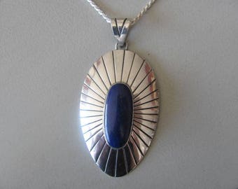 Sterling Lapis Necklace, Raful Cano, Mexican Artisan, Sunray Design, Vintage Mexican Silver