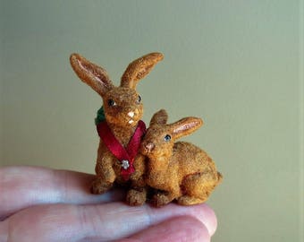 Original OOAK Miniature Hand flocked Bunnies with basket of carrots~ reborn by N Woolmer
