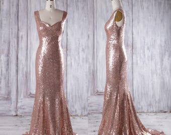 Bridesmaid Dress Rose Gold Long Evening Dress with Train,Open Back Bodycon Wedding Dress,Metallic Sleeveless Prom Dress Full Length(GQ159C)