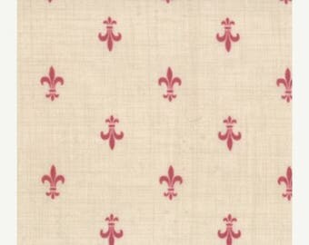 12% off thru July FRENCH GENERAL FAVORITES Moda by the half yard cotton quilt fabric Faded red fleur de lis on pearl cream 13605-21
