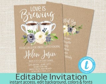 Bridal Shower Invitation, Bridal Tea Invitation, Editable Kraft Bridal Shower invitation, Love is brewing Invite, Templett, Instant Download