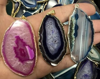 15% off Xmas in July Agate Slice Druzy Pendant electroplated in gold - Druzy Agate Slice Pendant AGSP - You Chose Colorful agate slices -