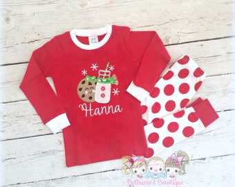 Girls Christmas Pajamas - Cookies and Milk - Holiday Pajamas - PRE- ORDER - Personalized Christmas PJ's - Custom embroidered Pajamas