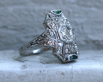 Vintage Art Deco Platinum Diamond and Emerald Ring Engagement Ring - 0.75ct.