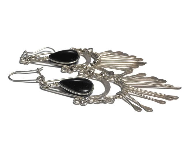 Black onyx silver earrings, plated or 800 silver, kidney backs, pierced drops, teardrop cabochon, spoon paddle dangles, Southwestern Mexican