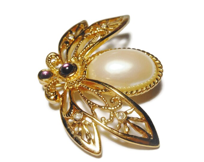 FREE SHIPPING Avon bee brooch, "Nature's Flight" pin, large honey bee pearl jelly belly, clear and amethyst rhinestones, 1992 filigree wings