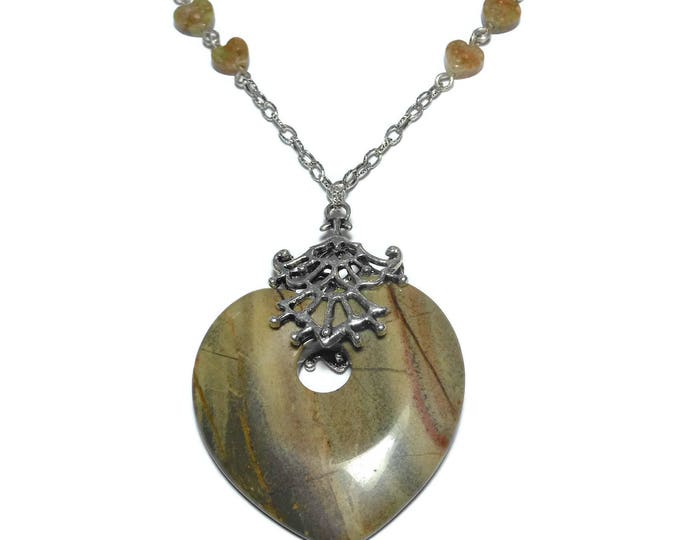 Jasper heart pendant, reversible Red Creek Jasper go-go, large ornate bail, small wire wrapped Autumn Jasper hearts, silver plated chain