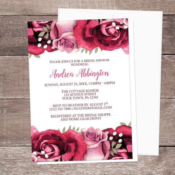 Burgundy Rose Bridal Shower Invitations - Rustic Burgundy Pink Rose on White Floral, Rose Shower Invites - Printed Rose Invitations Il_570xn