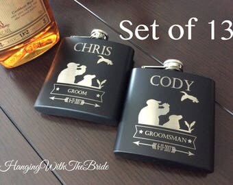 Set of 13 Personalized Flask Groomsmen Gift Box Groomsmen Flask Set - Gifts for Groomsmen - Monogram Flask - Custom Flask Set for Groomsmen