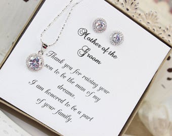 Mother of the Groom Gift Personalized Wedding Gift Sterling Silver Round Crystal Jewelry Set Bridesmaid Gift Wedding Gift