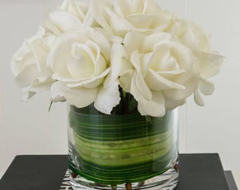 Medium White Real Touch Rose Arrangement with Cylinder Glass Vase Artificial Flowers Faux Arrangement for Home Decor Silk Centerpiece