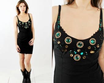 SALE 90s Dress / Black Bodycon / Beaded Dress / Black Mini Dress / Vintage Black Dress / Sleeveless Dress / Italian Dress / Small Dress