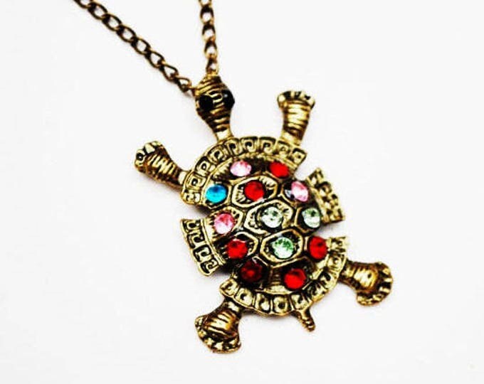 Turtle Pendant Necklace - colorful red pink blue and green Glass Rhinestone - 26 inches