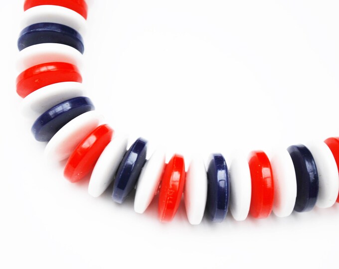 Red White Blue bead Necklace - Signed Hong Kong - Red White Blue Lucite disc Beads - Patriotic - Mid Century necklace