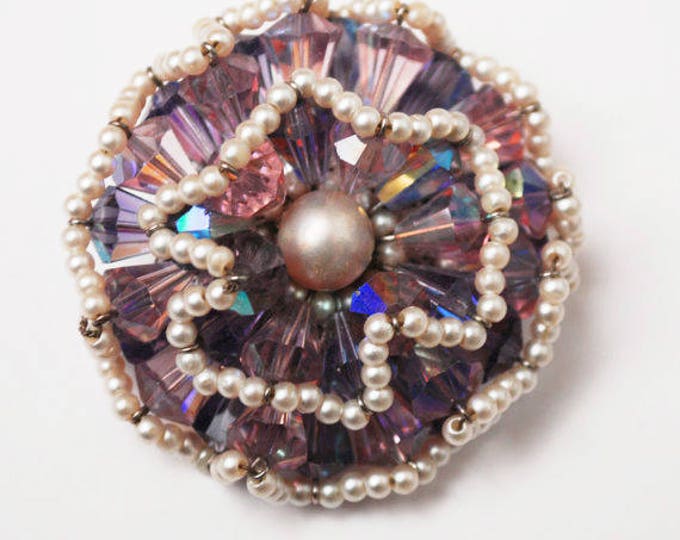 Vendome Brooch - Purple Crystal Rhinestone - faux pearl seed Bead - signed - Floral Atomic - Aurora borealis - Cluster bead pin