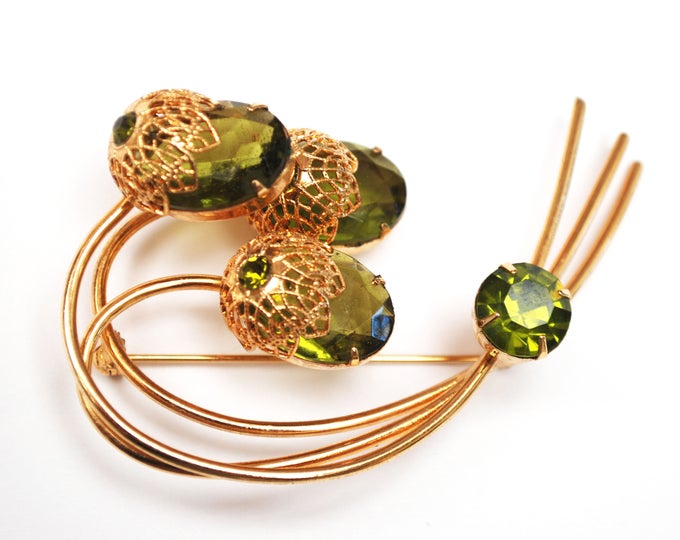 Sarah Cov Flower brooch - Touch of Elegence - olive green crystal gold filigree - Floral pin - Book piece