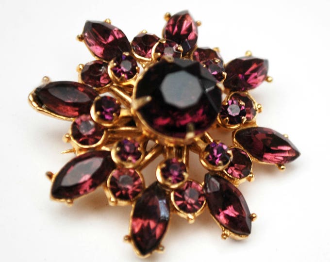 Purple Atomic Brooch - Amethyst color Glass Crystal flower - gold plating floral pin