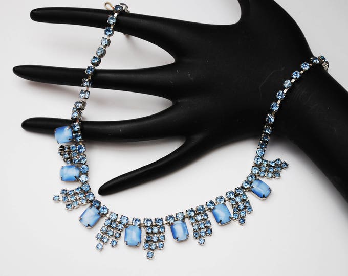 Blue Rhinestone Necklace - Light blue moon glow glass crystal- Bib Mid Century