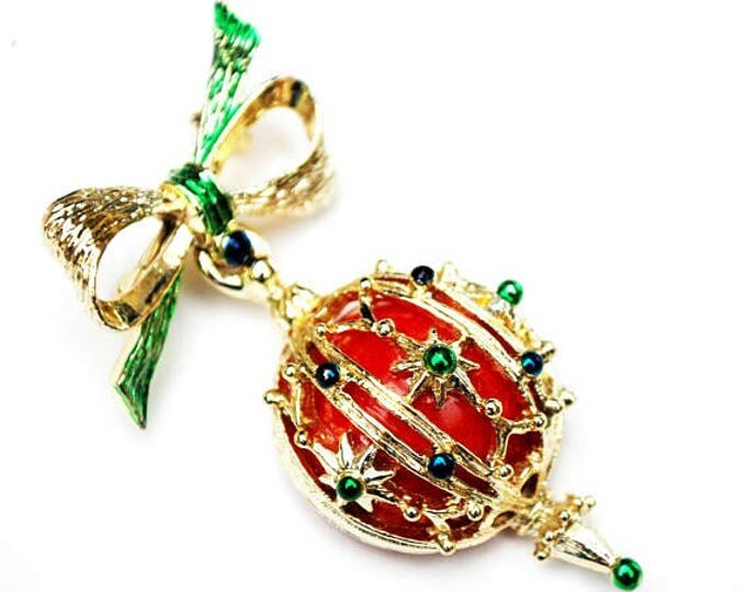 Christmas Ornament Brooch - Holiday pin - Red ball - Gold bow dangle pin