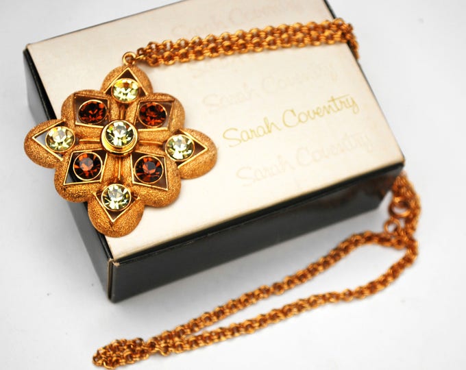 Starburst Pendant Necklace - Signed Sarah Coventry - Origional Box - Faux Citrine Topaz Crystal - Sarah Co - NOS