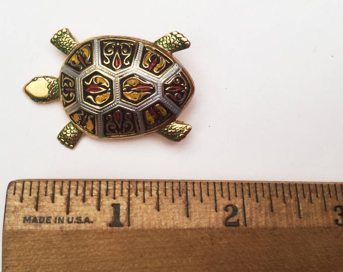 Damascene Turtle Brooch - Signed Spain - Black Silver red yellow green Gold - Enameling - Animal Figurine Pin