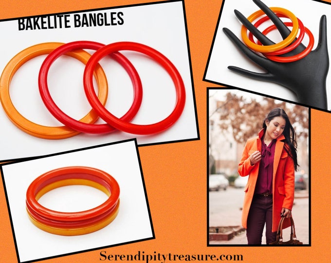 Three Bakelite Bracelet - red Orange Mustard Yellow - Boho vintage Art Deco plastic bangles