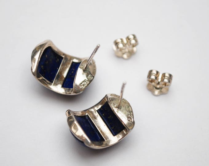 Lapis Sterling Earrings - half Hoop - Blue gemstone inlay - signed China - Pierced Earrings