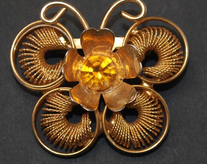 Butterfly Brooch - Orange Rhinestone - Gold coil metal - Insect figurine pin