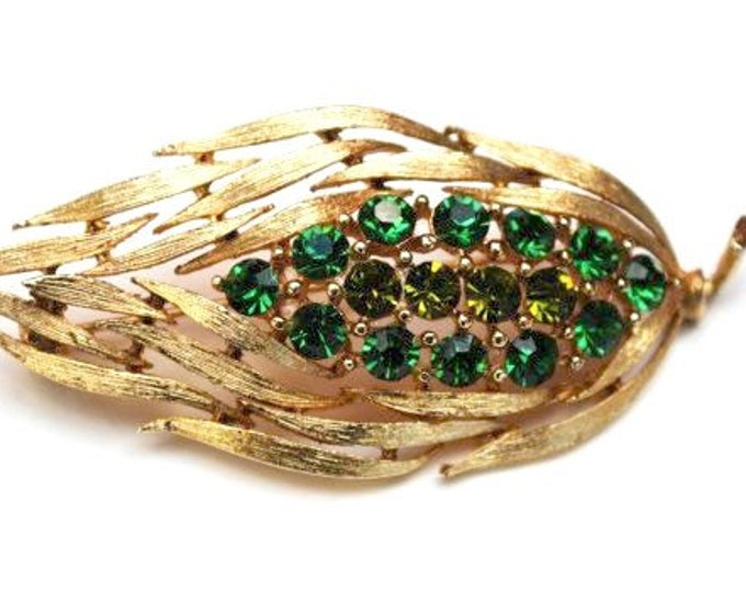 green Rhinestone Brooch - Signed Lisner - gold tone Flower leaf - Mid Century pin