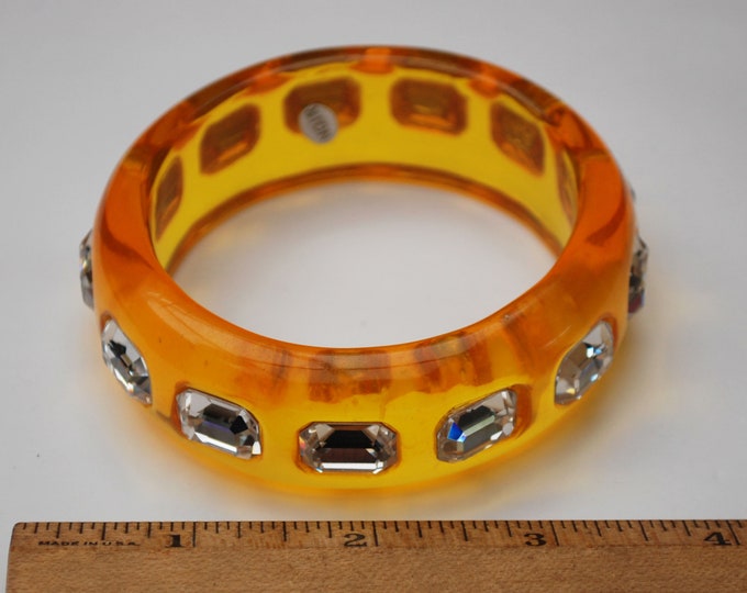 Yellow Lucite Rhinestone Bangle - Signed Noir - clear crystal - vintage Bracelet