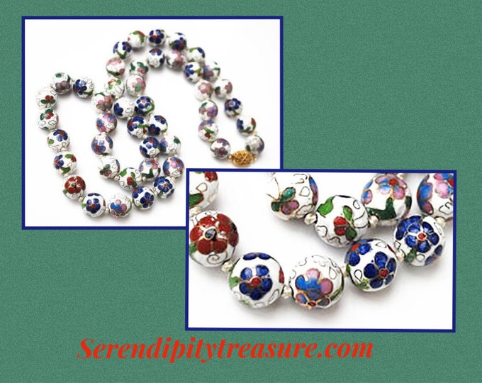 Cloisonne Bead Necklace - White Blue Green purple gold Enameling - flower - Hand knotted - floral beads